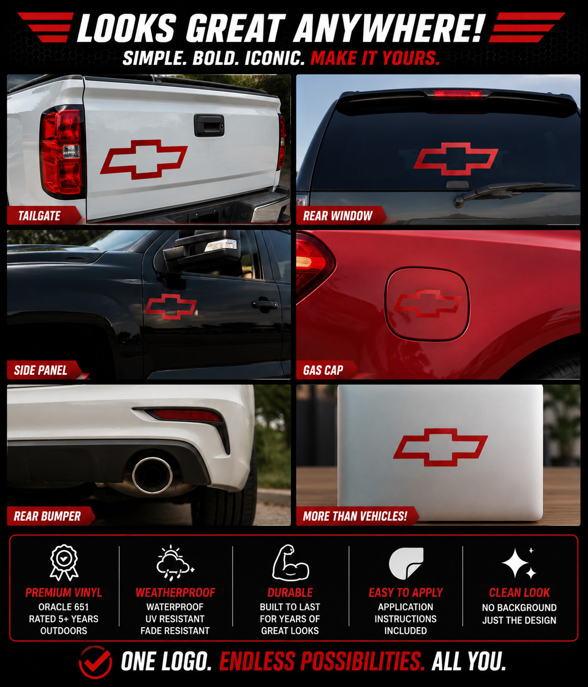 Chevy Bowtie Decal Die Cut Chevrolet Bow Tie Sticker 1", 2", 3", 4", 5", 6", 7"+