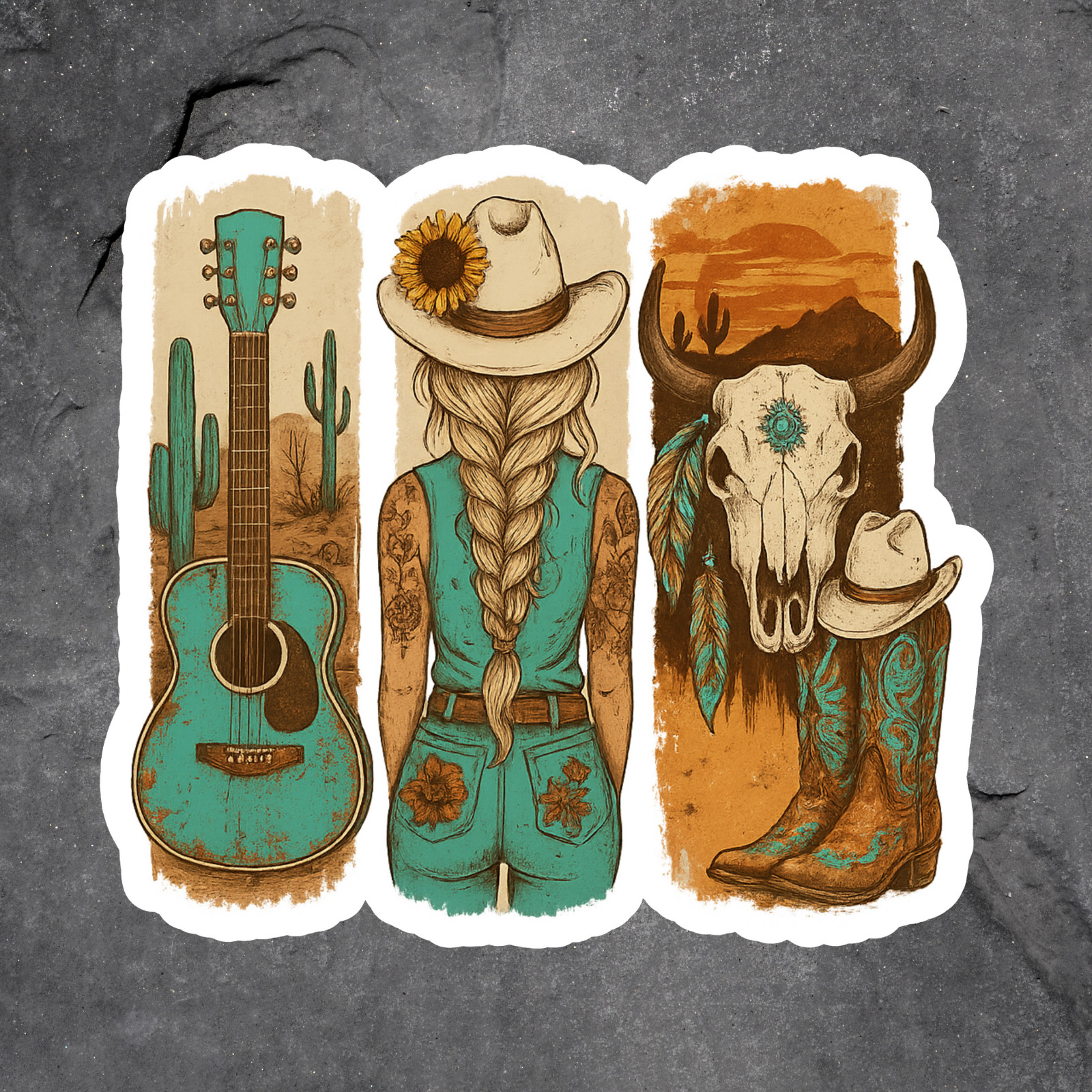 Cowgirl sticker vinyl decal western boots skull cactus rustic desert