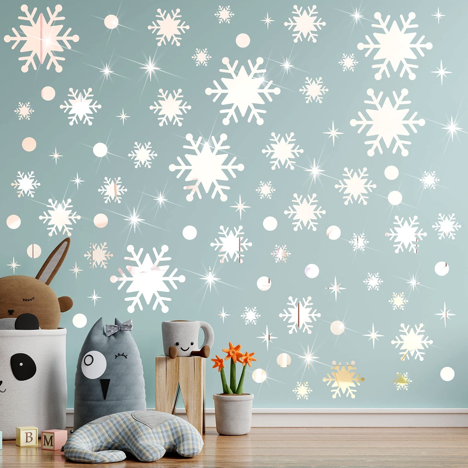 Outus 193 Pcs Christmas Snowflake Mirror Wall Decal Sticker Silver