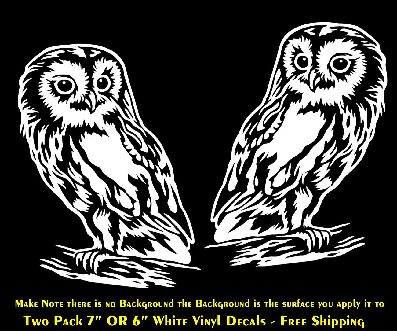 Owl Graphic Two Pack 6" or 7" White Vinyl Decals Mirrored Vehicle Windows