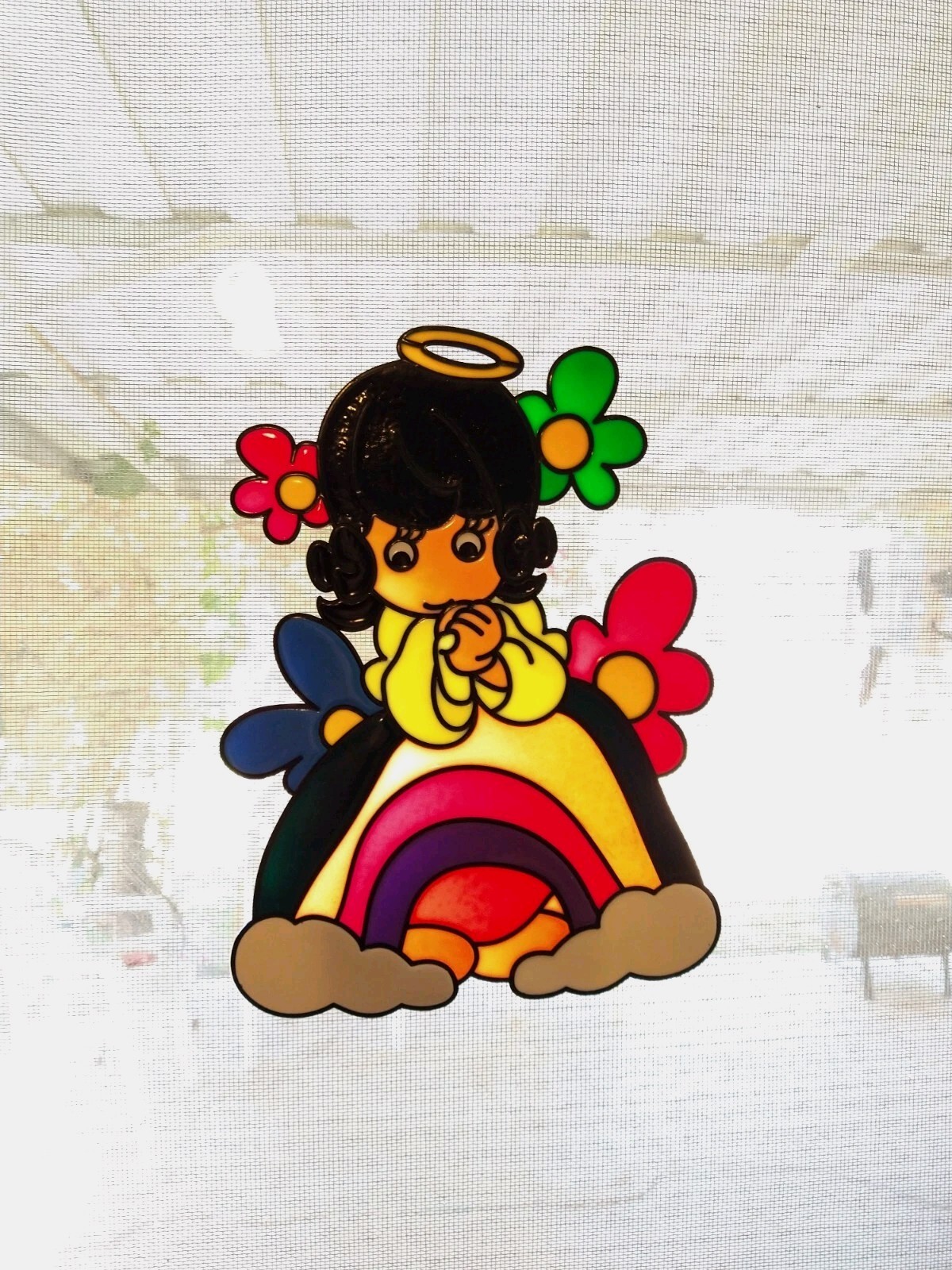 VINTAGE Decal From India Little Girl Angel on a Rainbow Stained Glass Effect 10"