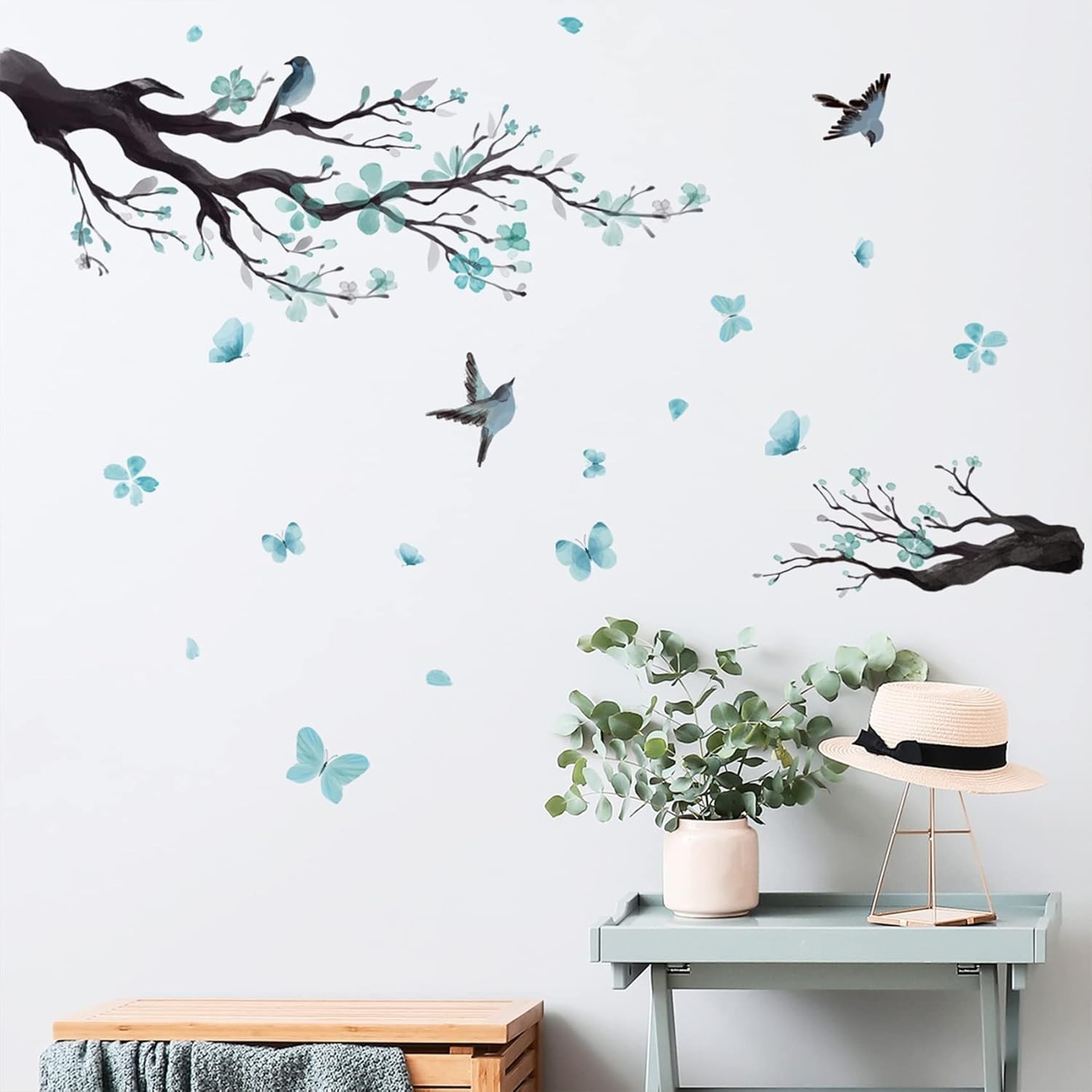 Blue Watercolor Flower Wall Decals Romantic Bird Tree Murals for Kids Rooms