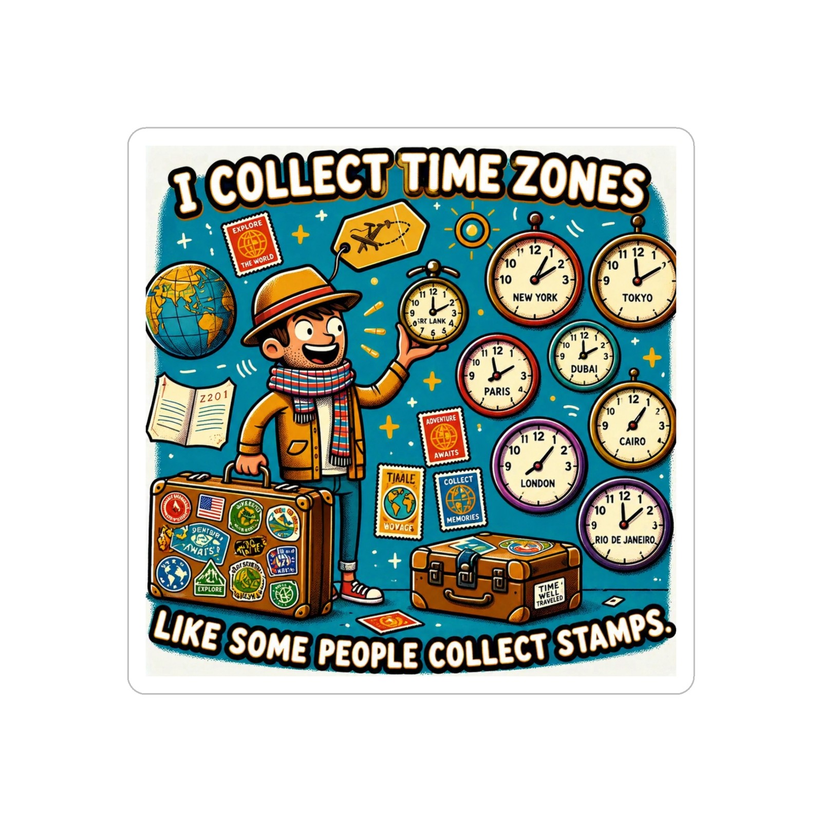Transparent Outdoor Die-Cut Stickers Cartoon Travel Time Zone Design 1pc