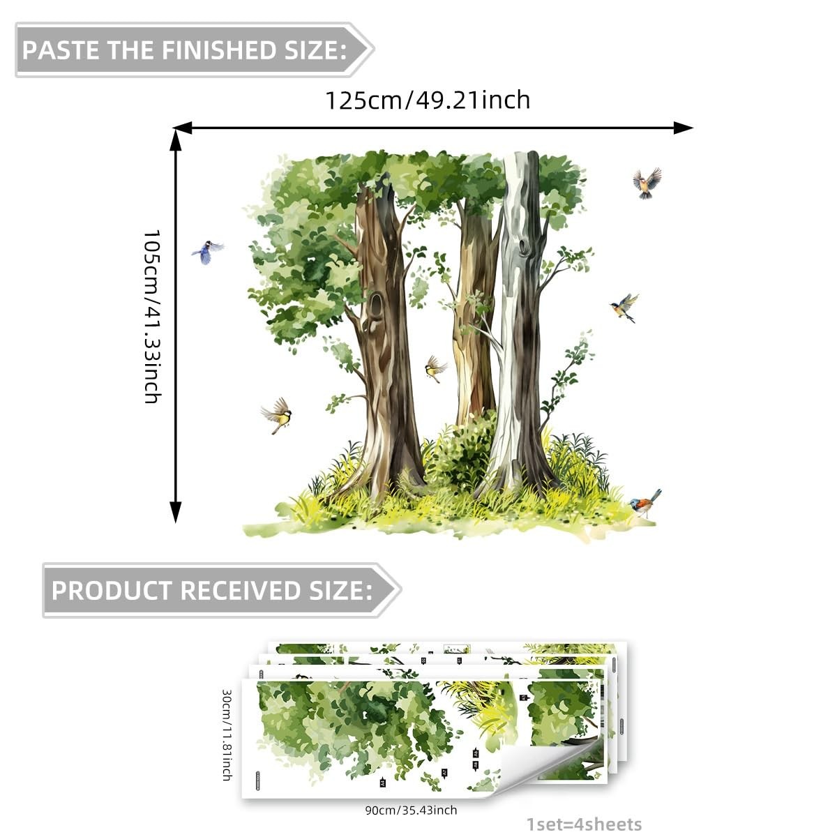 Large Green Trees Wall Decals with Flying Birds for Living Room Bedroom, 49.2…