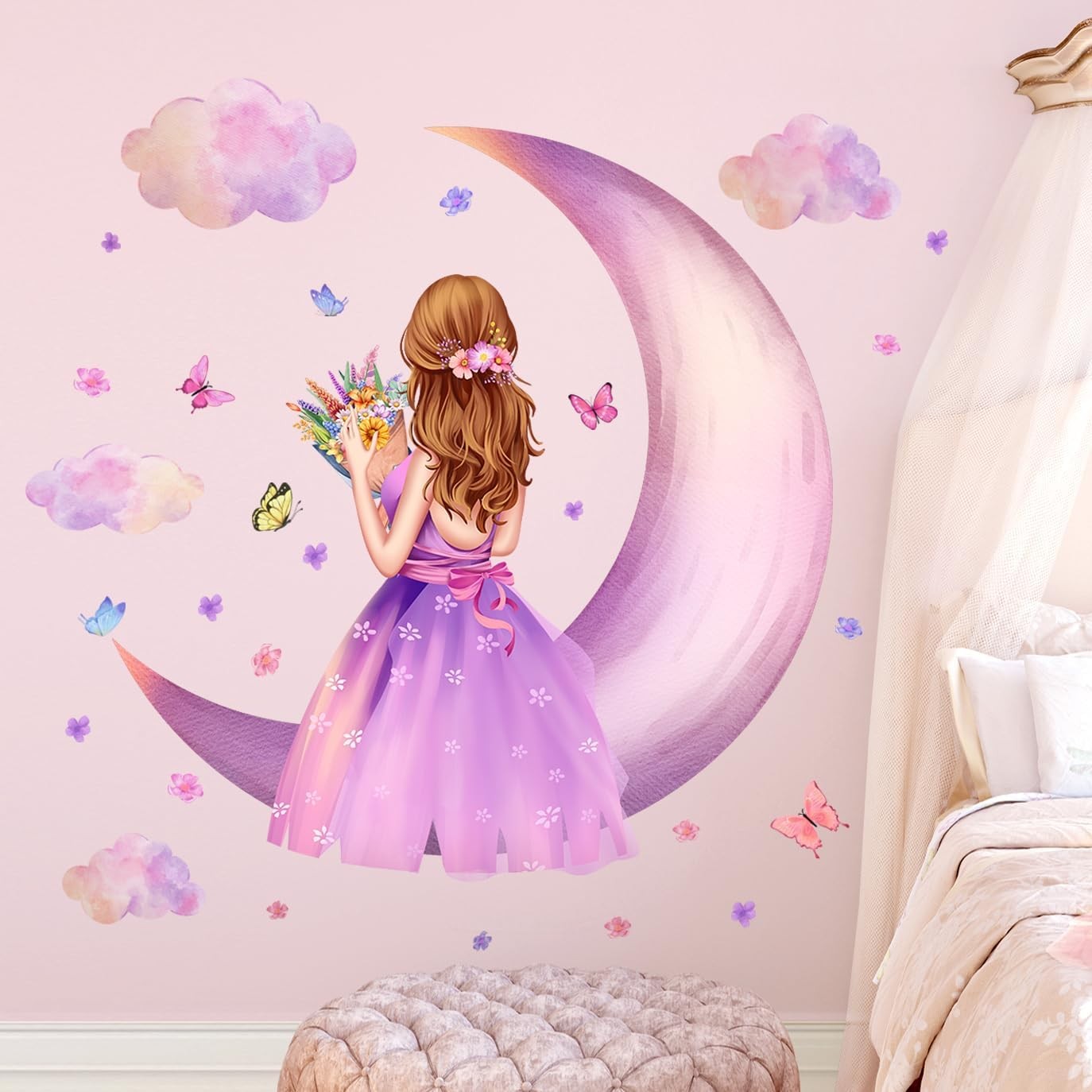 3D Princess Wall Decals Purple Butterfly Moon Clouds DIY Stickers for Girls