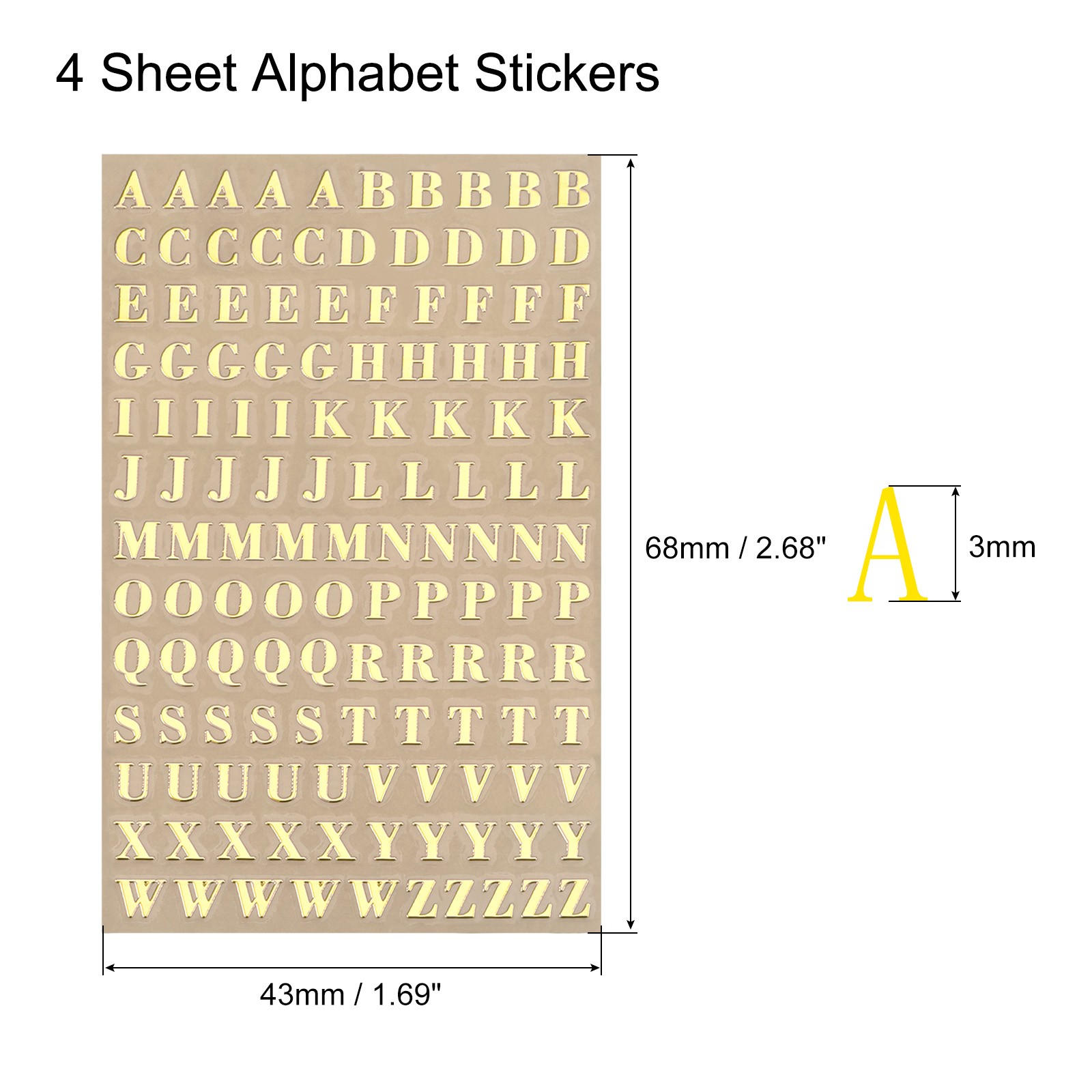 4 Sheet Letter Resin Stickers Mini Glitter Uppercase Self Adhesive Gold 3mm High