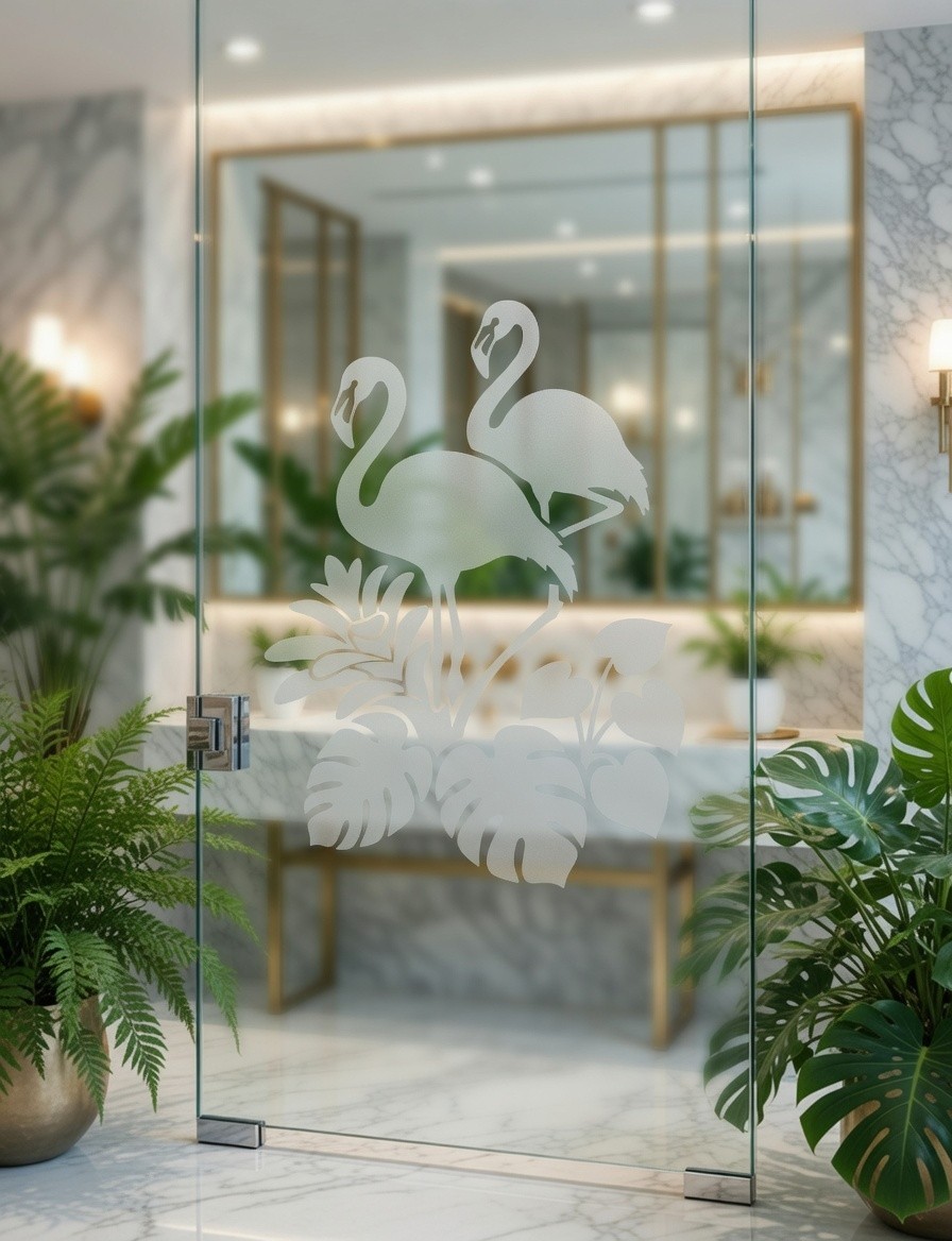 Flamingo Tropical Etched Glass Look Decal Shower Door Windows 22" wide x 30"