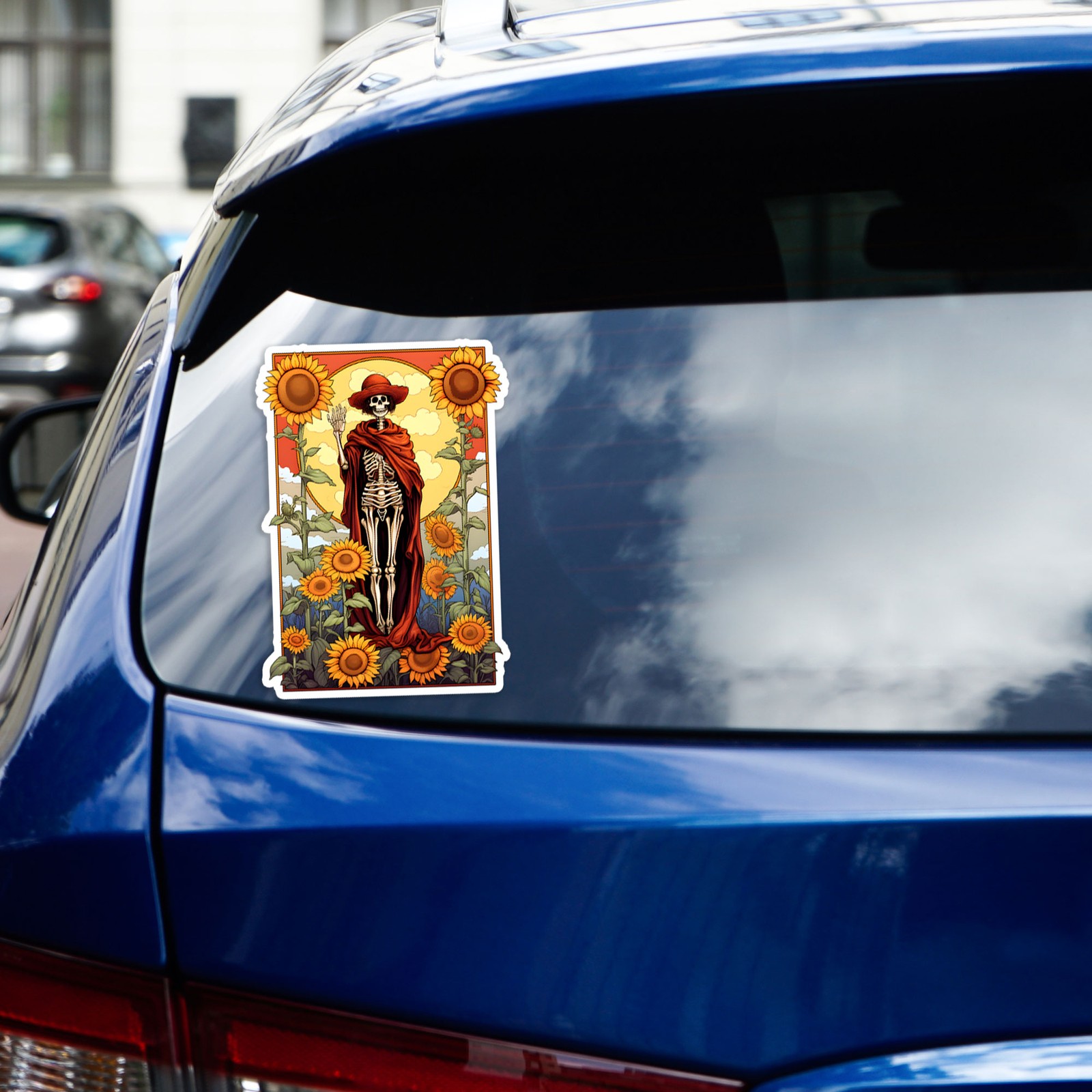 Red Robe Skeleton with Sunflowers – Vinyl Decal Sticker – #1939