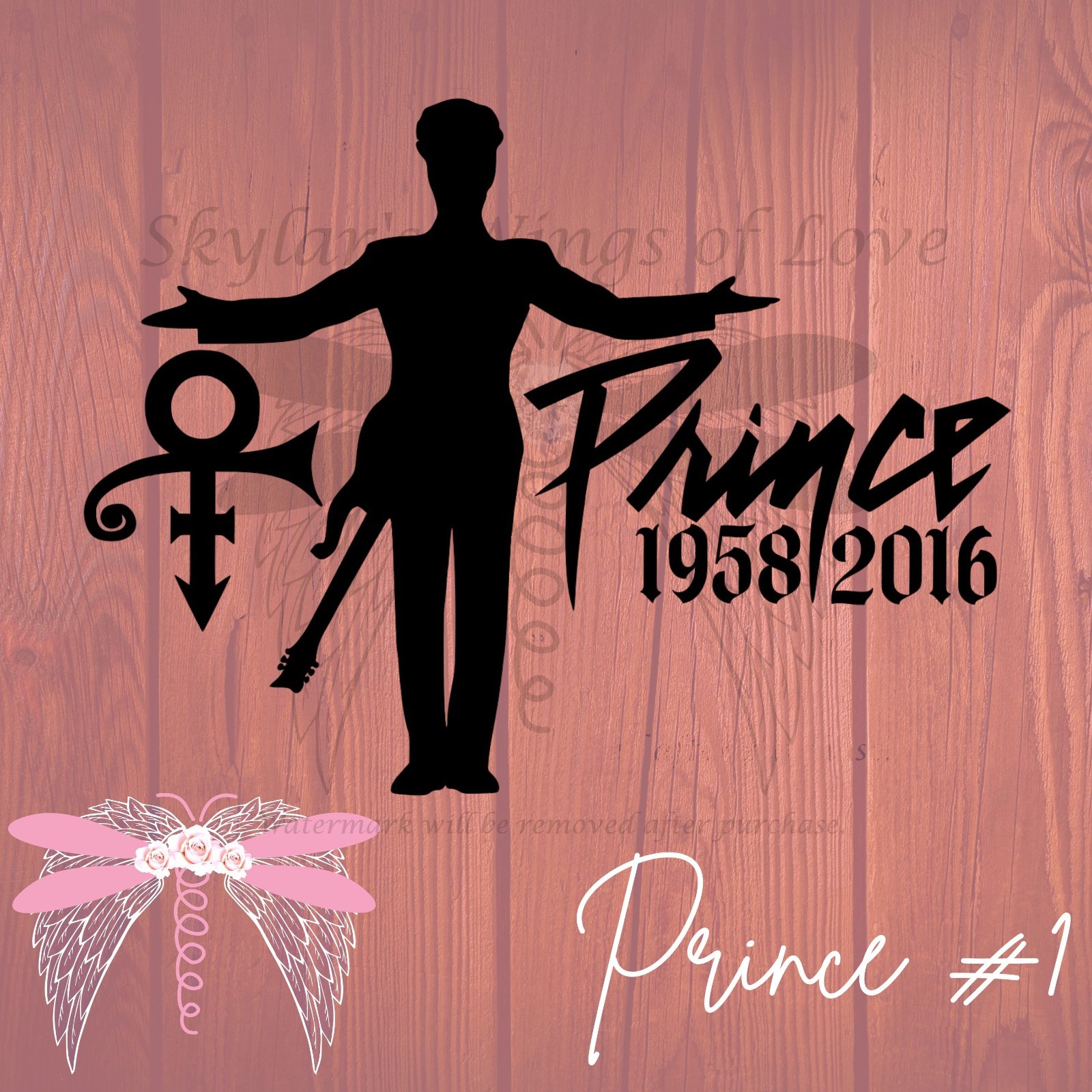 Prince Memorial Decal Silhouette, Guitar Name & Dates Option 3