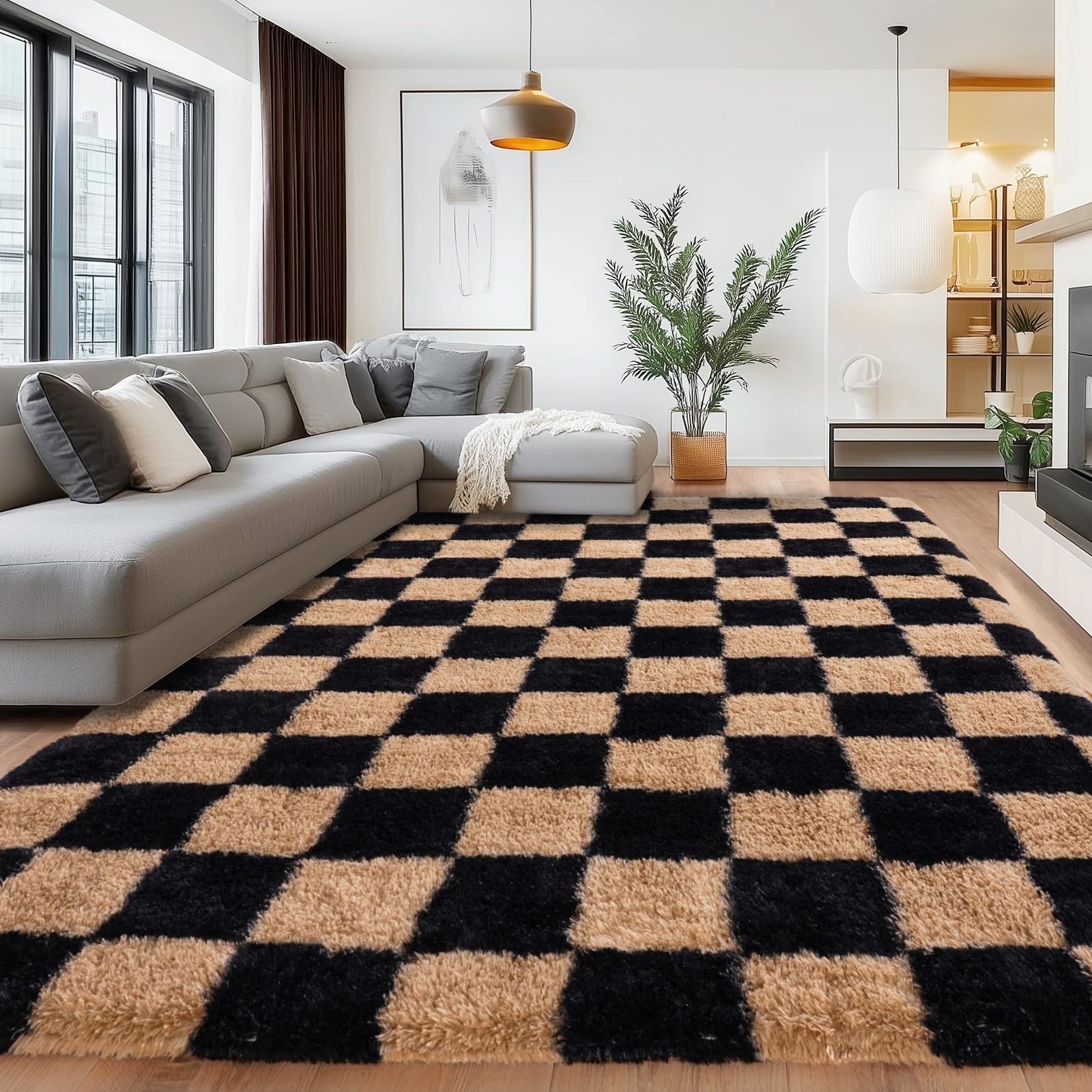 Checkered Rug for Bedroom 5×7, Ultra Soft Plush Modern Area Rug Non-Slip Carp…