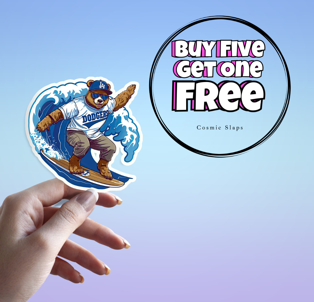 LA Dodgers Sticker: Surfing Bear Mascot Los Angeles Baseball Waterproof Sticker
