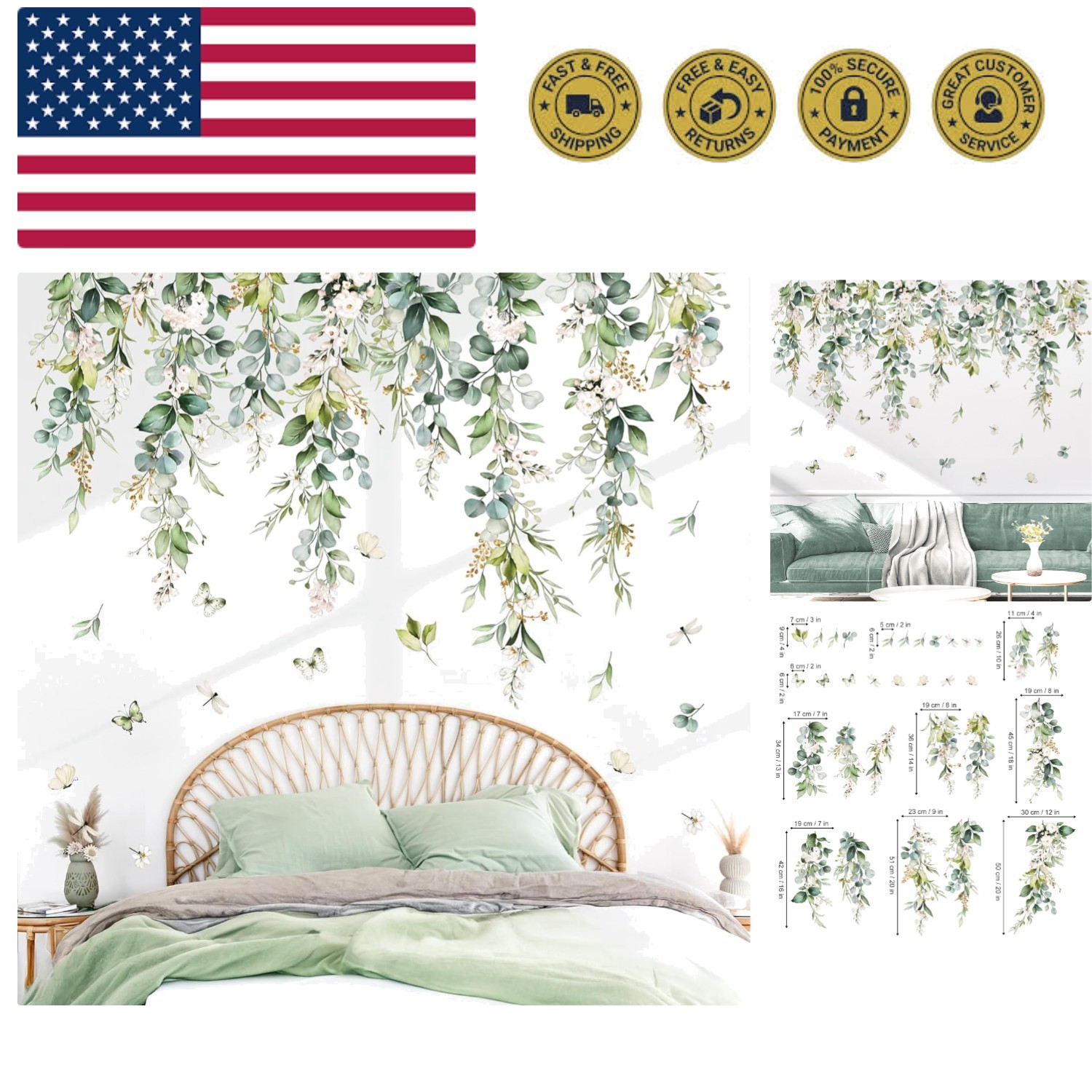 Hanging Green Leaves Wall Decals Hanging Vines Plants Leaves Peel and Stick W…
