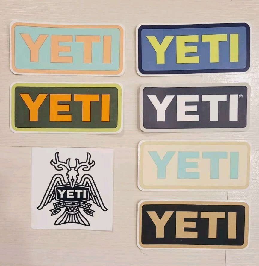 Lot Of 7 YETI Stickers 4in x 2in, 3in x 3in Pink Green Blue Teal Brown Orange