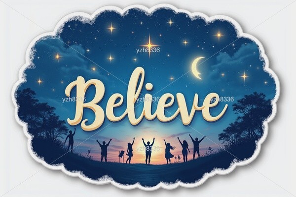 Believe Sticker – Dreamy Night Sky with Silhouetted Figures and Glowing Stars