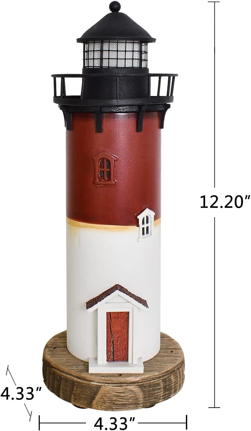 Wooden Lighthouse with Lights Nautical Tabletop Figurine (Red)