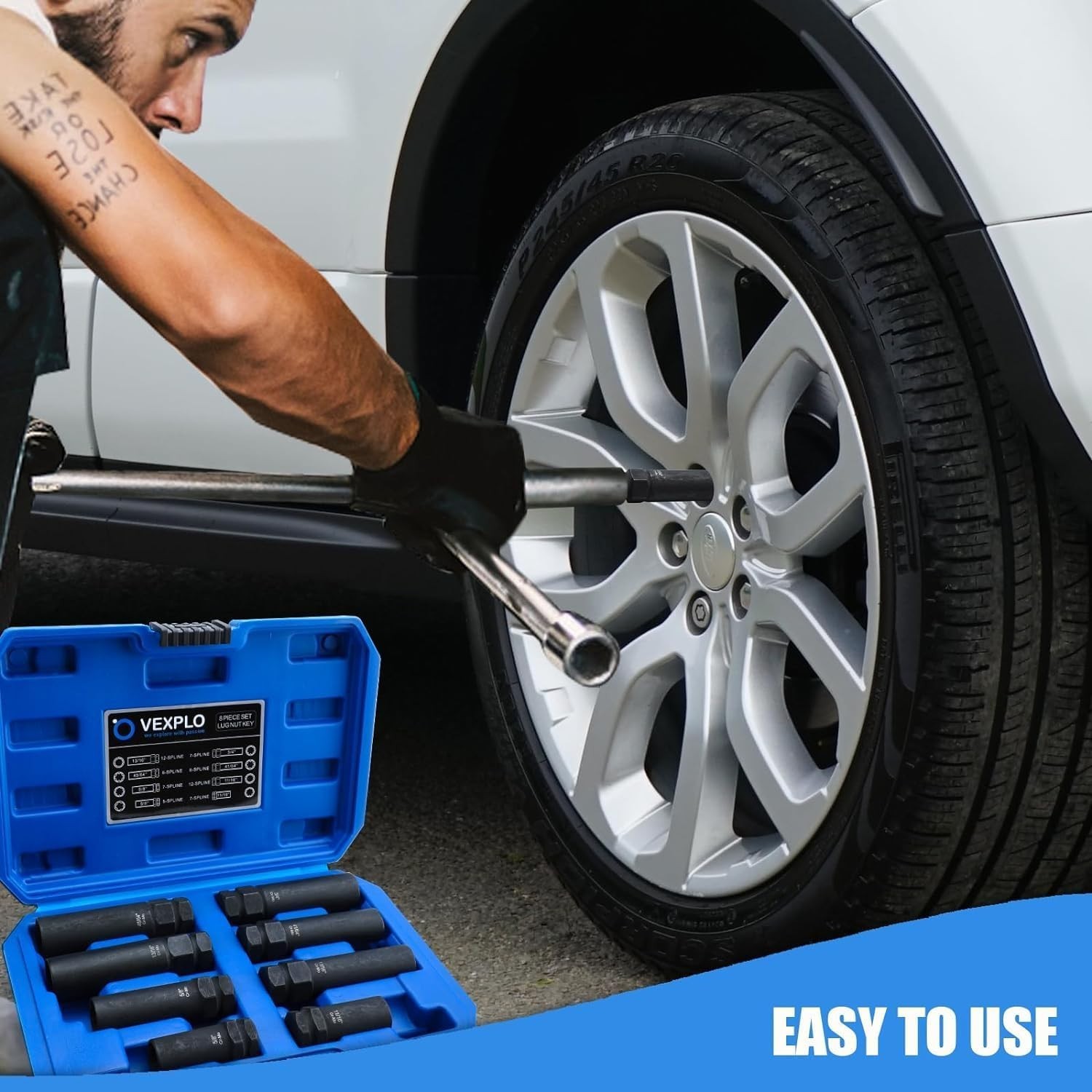 Spline Lug Nut Socket Set, 8 Piece SAE & Metric Locking Lug Nut Removal Tool, Wh