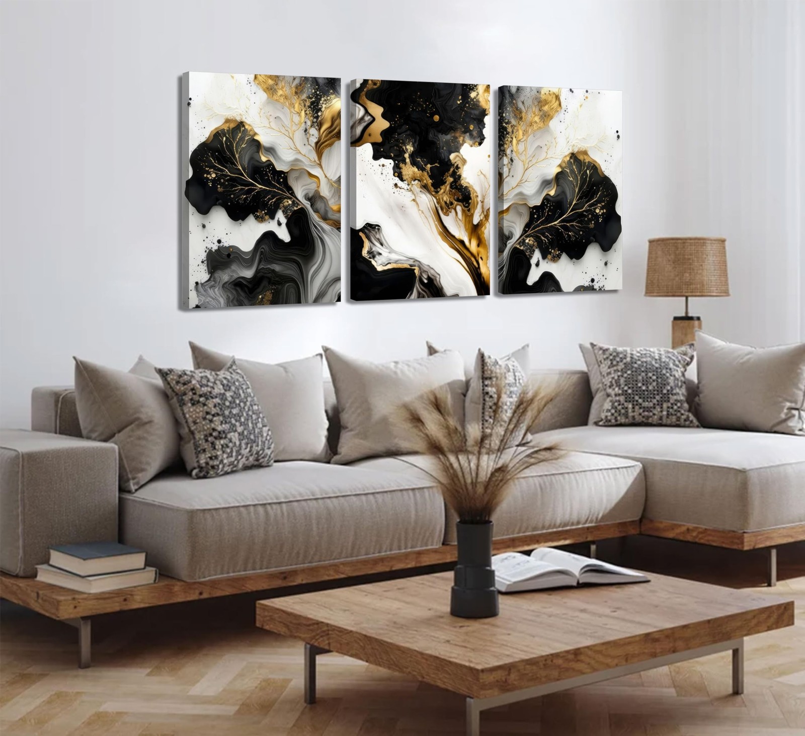 3Pcs Abstract Marble Canvas Wall Art Picture Black White Gold Texture Poster …