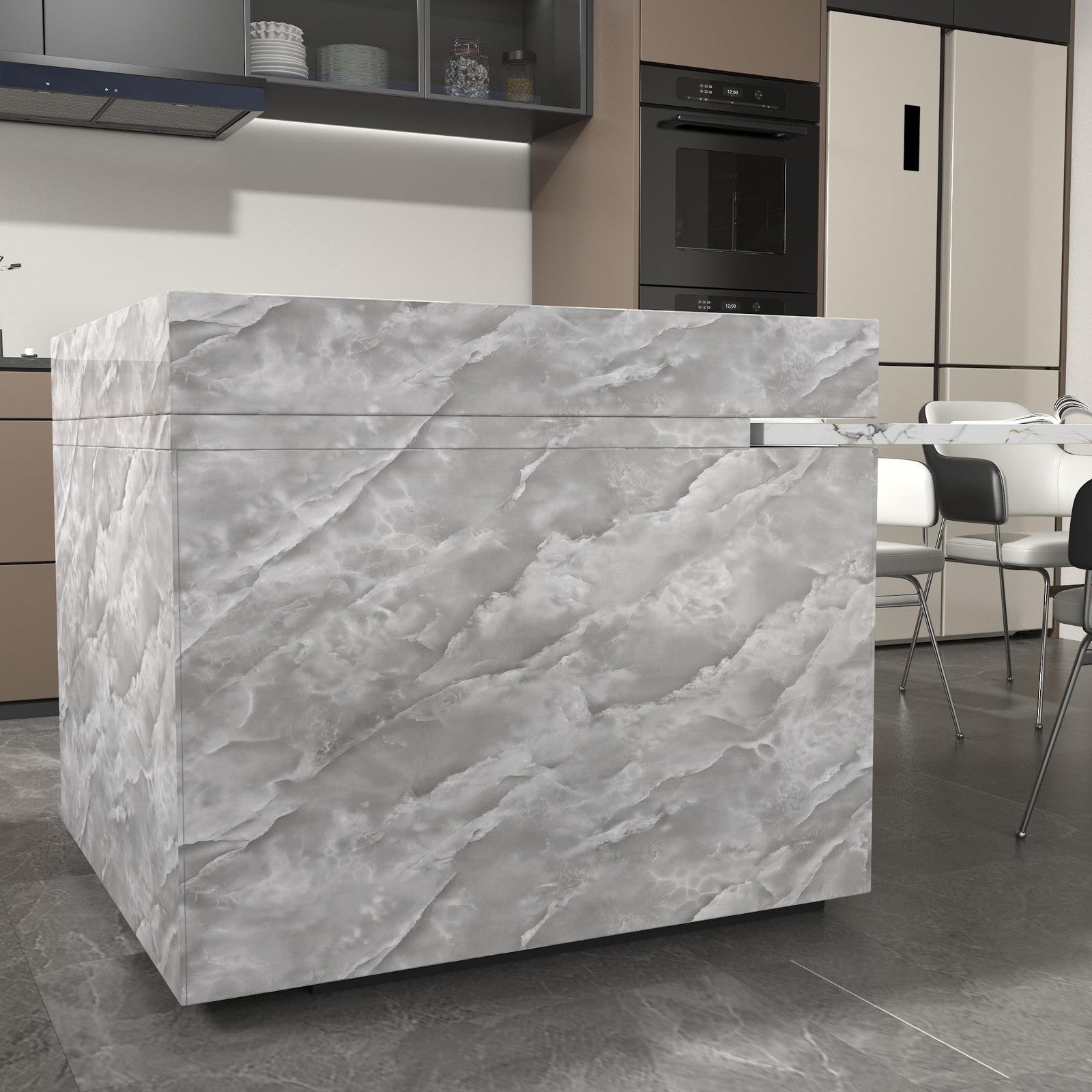 16"×354" Glossy Grey White Marble Wallpaper Peel and Stick Thick Gray White M…