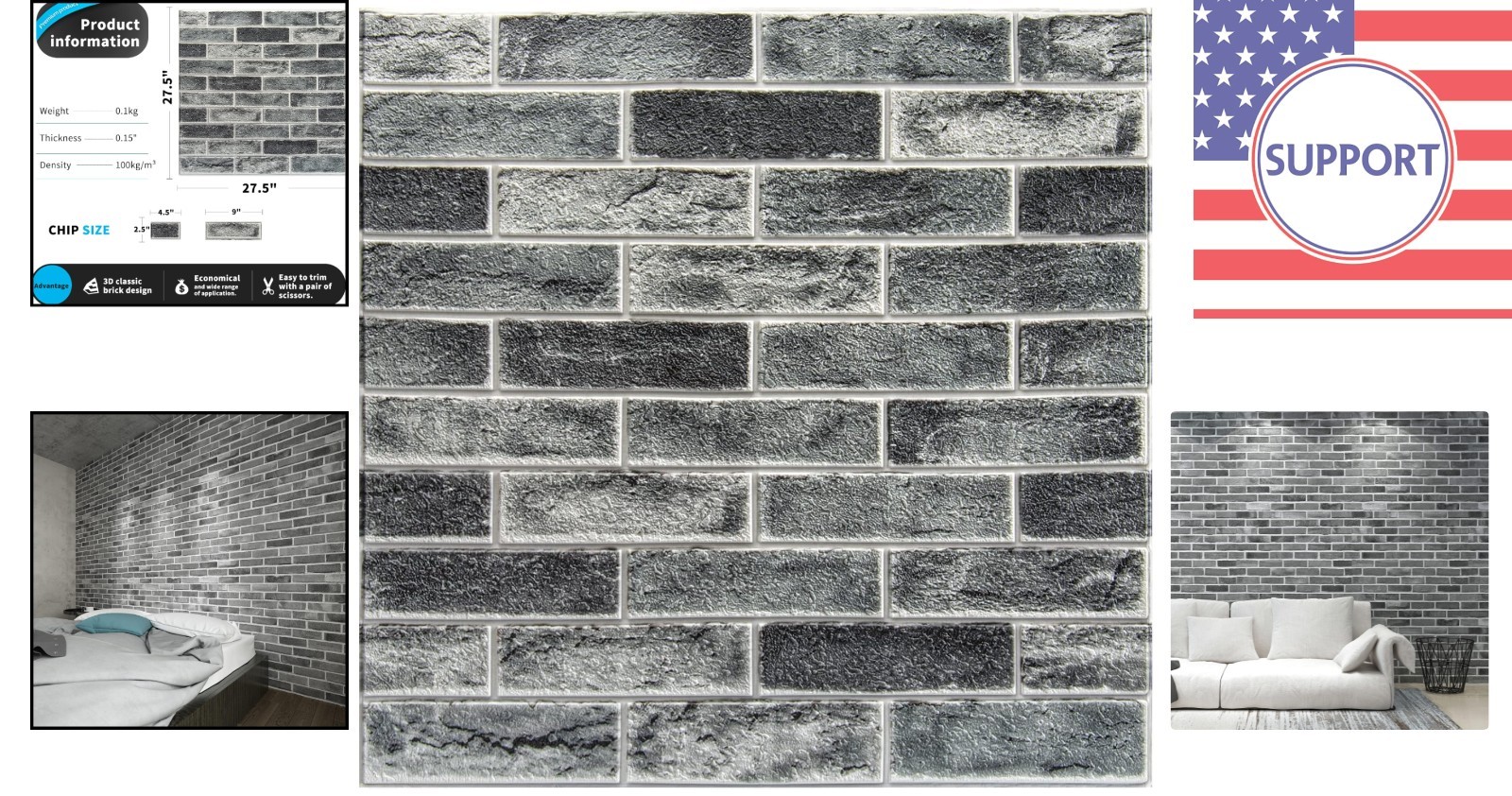 Waterproof Acoustic 3D Faux Brick Panels – 10 Pack Stone Ash for Stylish Decor