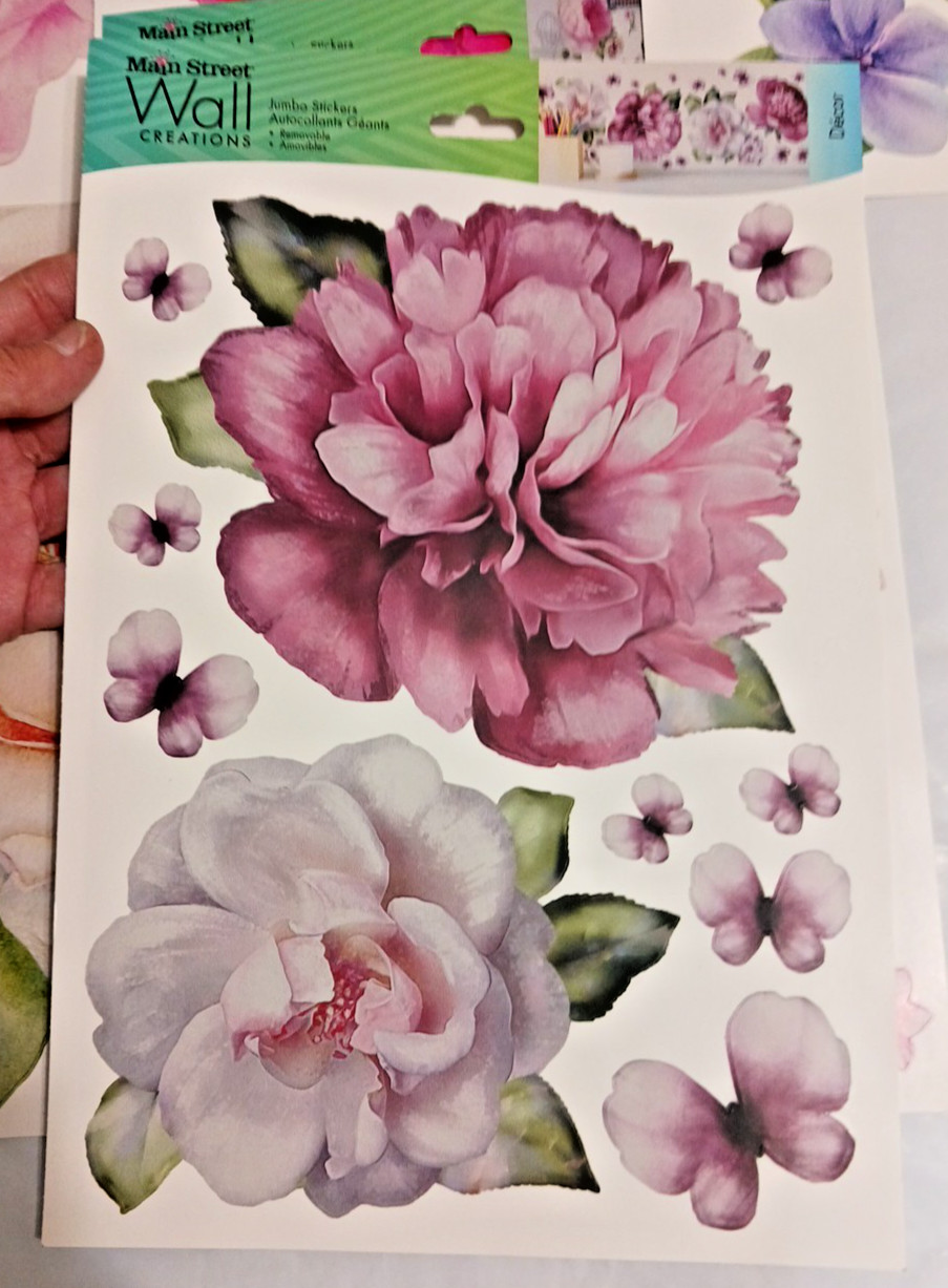 Wall Decal stickers Jumbo 10" Flowers. Rose + Pink. 6 sets Peel and stick floral