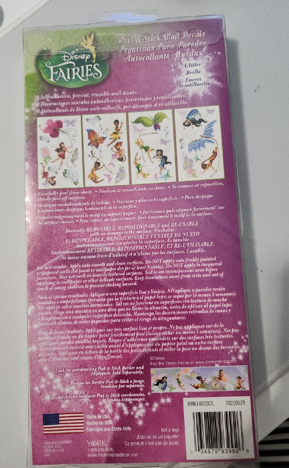 New RoomMates Disney Fairies Peel & Stick Wall Decals with Glitter 30 Pcs