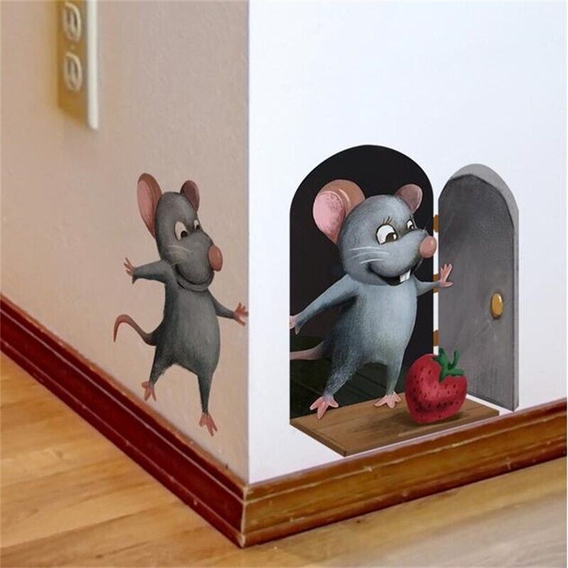 3D Mouse Hole Realistic Wall Sticker Cartoon Decal Fun Art Kids Vinyl Home Decor