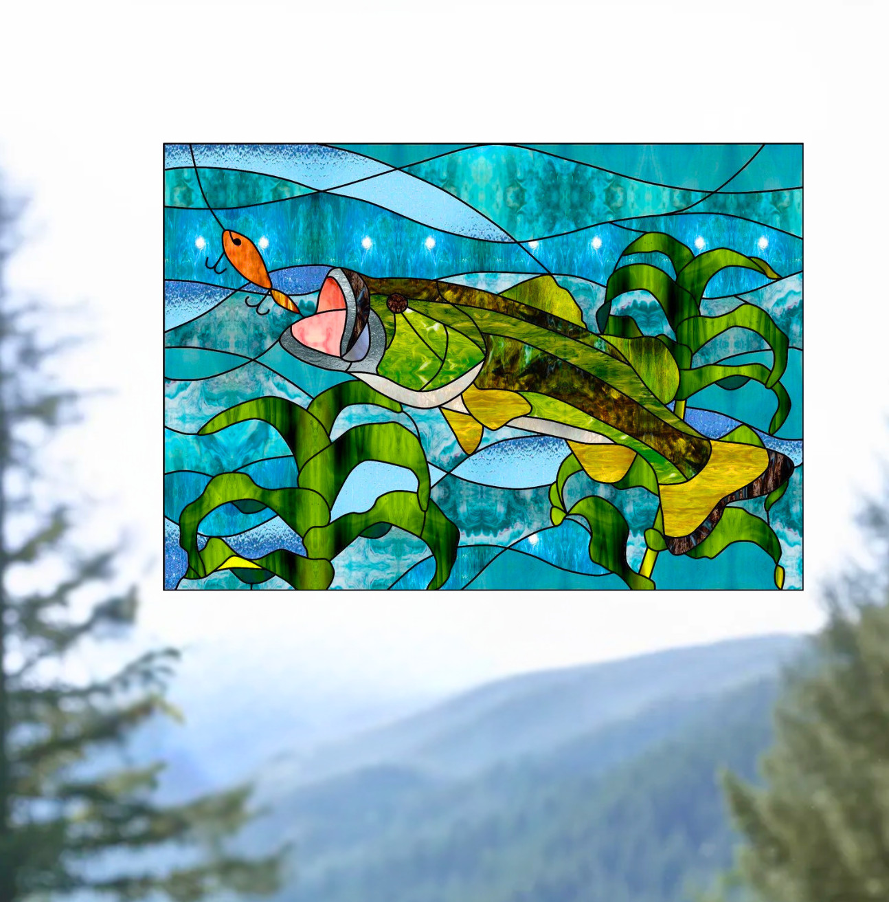 Bass Fishing Faux Stained-Glass WINDOW CLING Size 10.6" Repositionable Vinyl