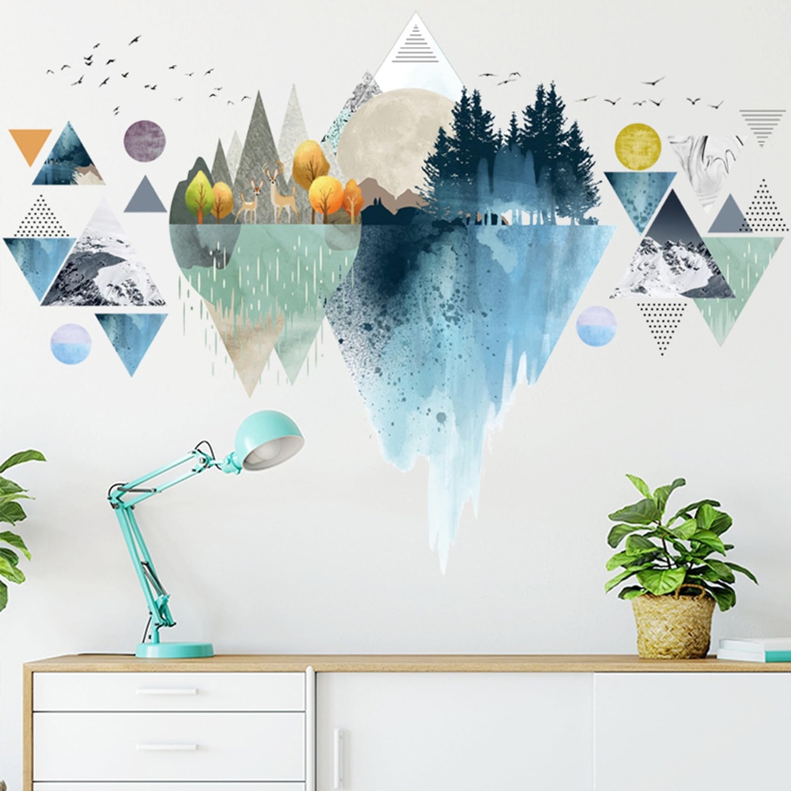 Nordic Geometric Wall Stickers, Removable DIY Mountain Reflection Wall Decal …