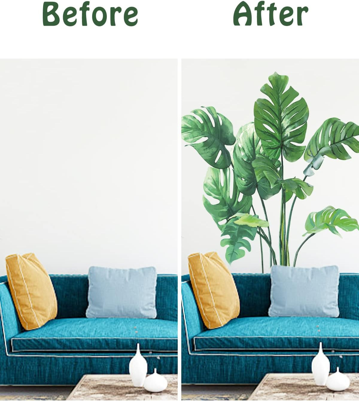 Leaf Wall Decals Peel and Stick, Large Green Monstera Leaf Wall Stickers for Bed