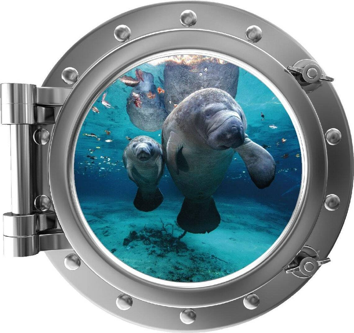 PortScape MANATEE & CUB Sea Porthole 3D Window Wall Decal Vinyl Wall Sticker
