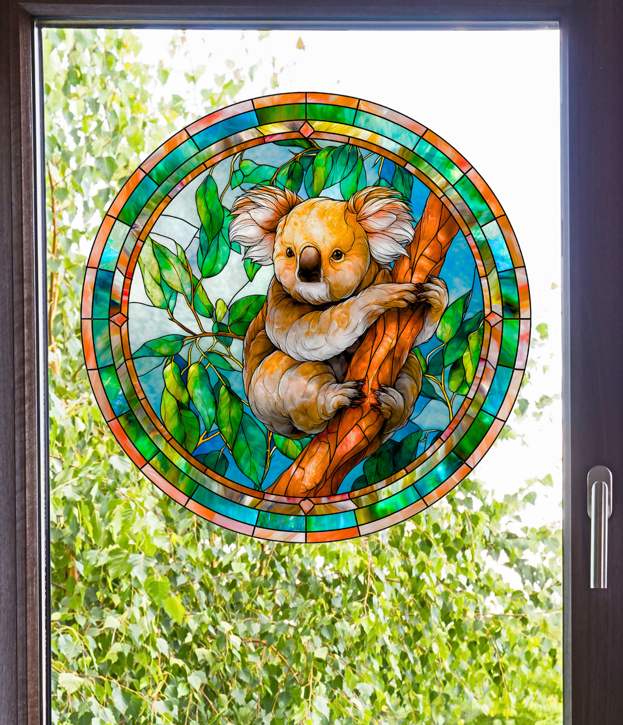 Koala Bear Faux Stained-Glass WINDOW CLING Size 8" Round Repositionable Vinyl