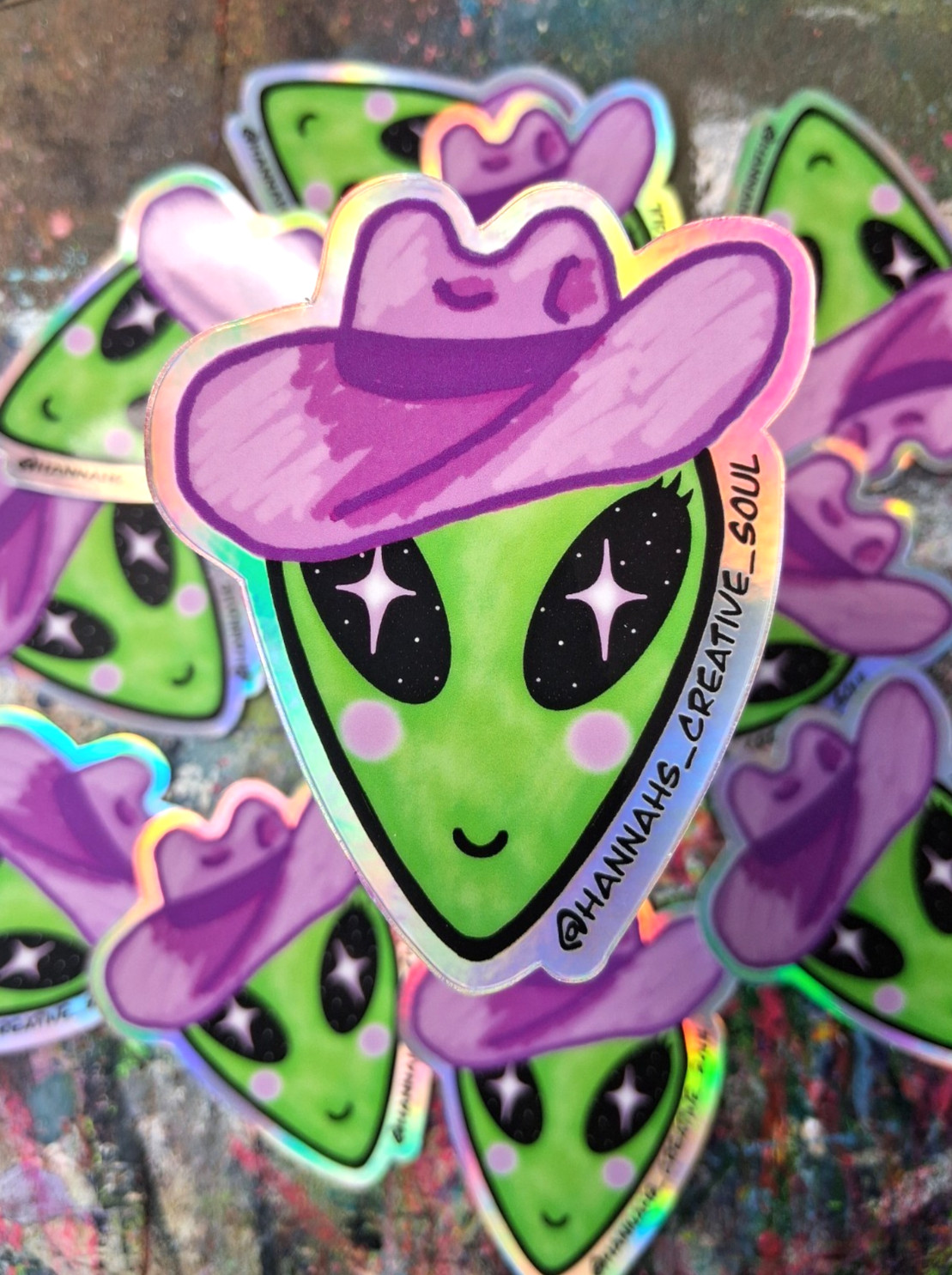 Holographic Whimsical Comic Surreal Cowgirl Alien Stars Vinyl Sticker,Trippy Art