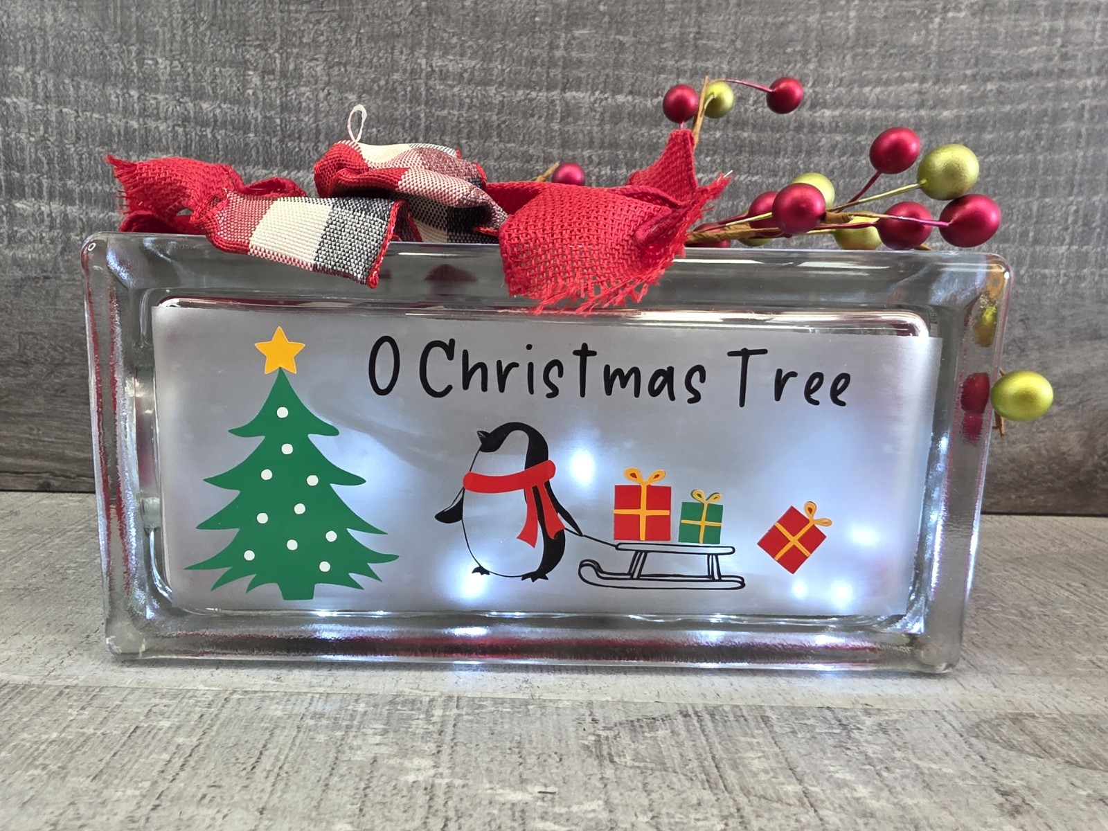Handcrafted Christmas Penguin Glass Block 8x4x3" Lights Up O Christmas Tree g50