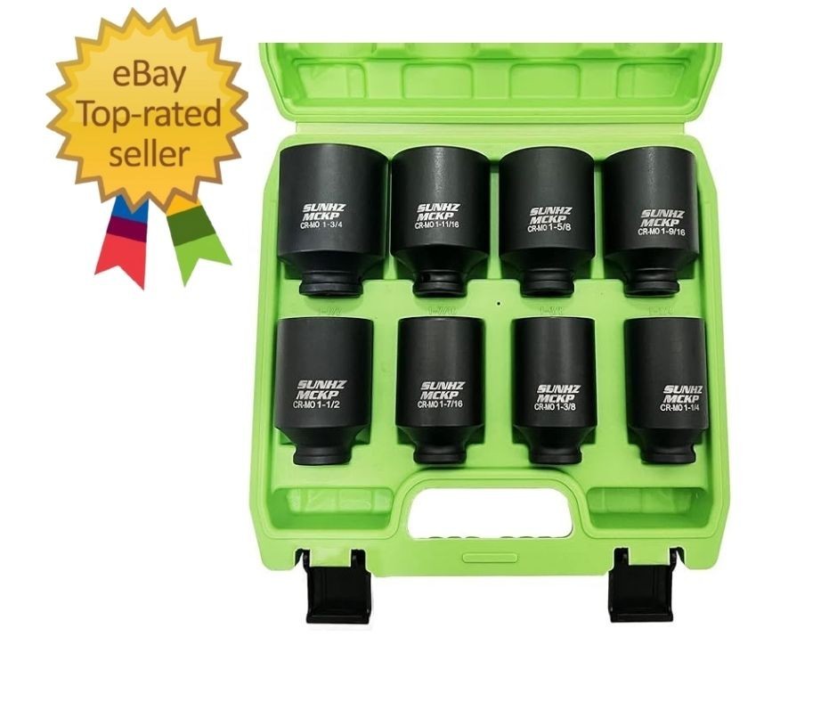 1/2" Drive Deep 6-Point Impact Socket Set, 8-Piece Standard SAE Spindle Axle Nu