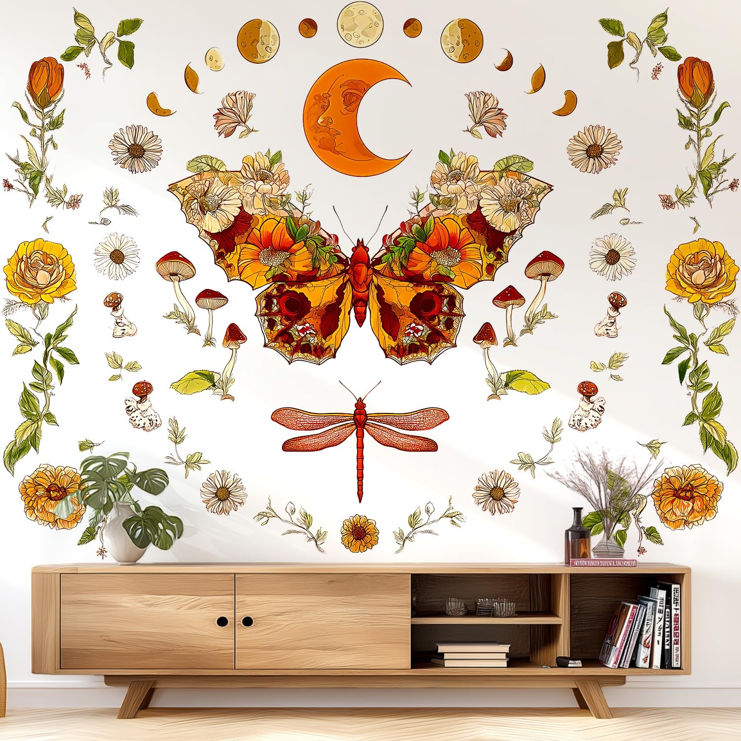 Boho Flowers Butterfly Wall Decals Peel and Stick, Sun and Moon Vinyl Wall De…