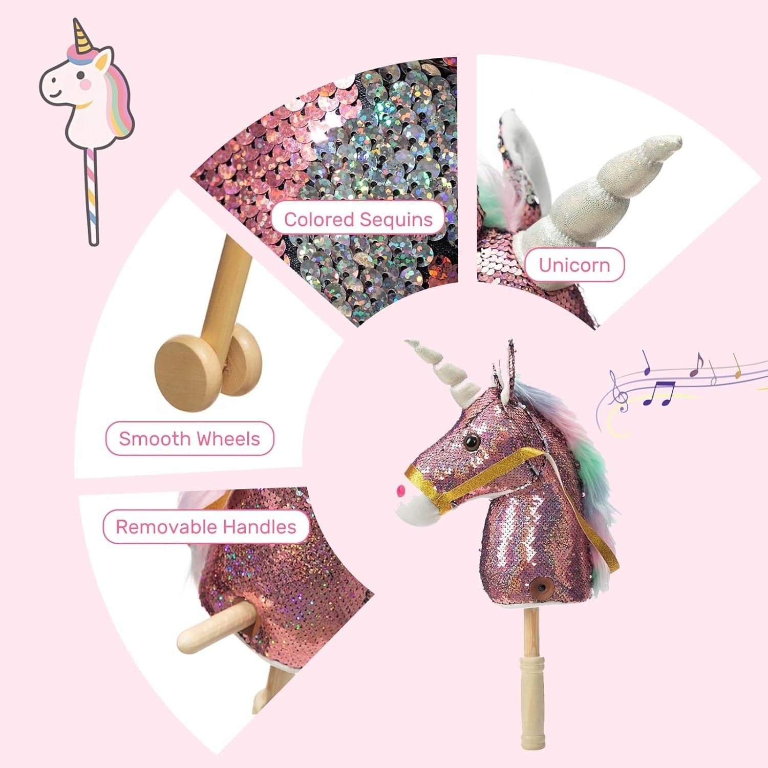 Sequin Unicorn Stick Horse Handcrafted Hobby Horse on a Stick with Wood Wheels R