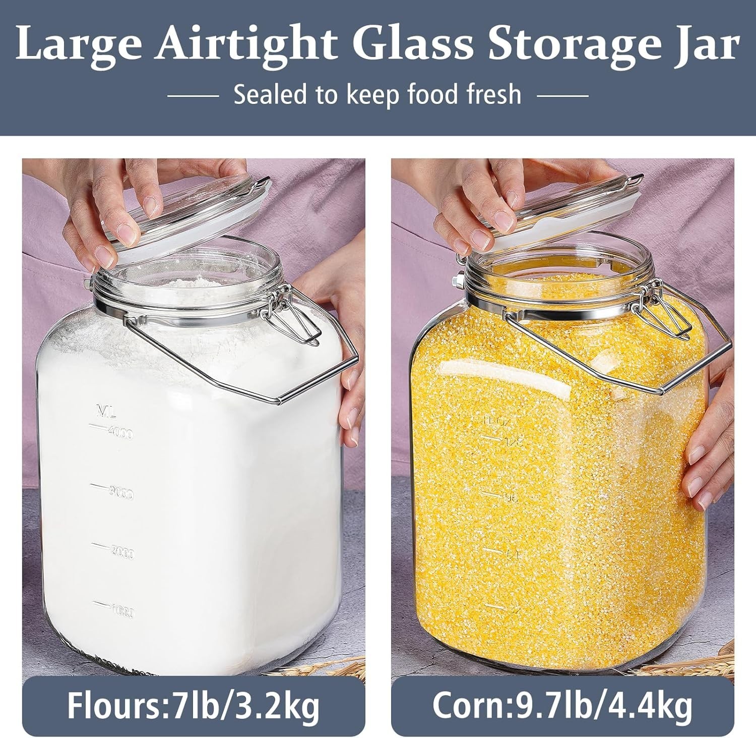 2 Pack 1.5 Gallon Glass Jar with Airtight Lid, 192 Oz Square Wide Mouth Mason Ja
