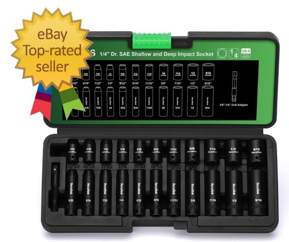 23-Piece 1/4" Drive Impact Socket Set, Shallow & Deep 12-Point, SAE, CR-V, Drill