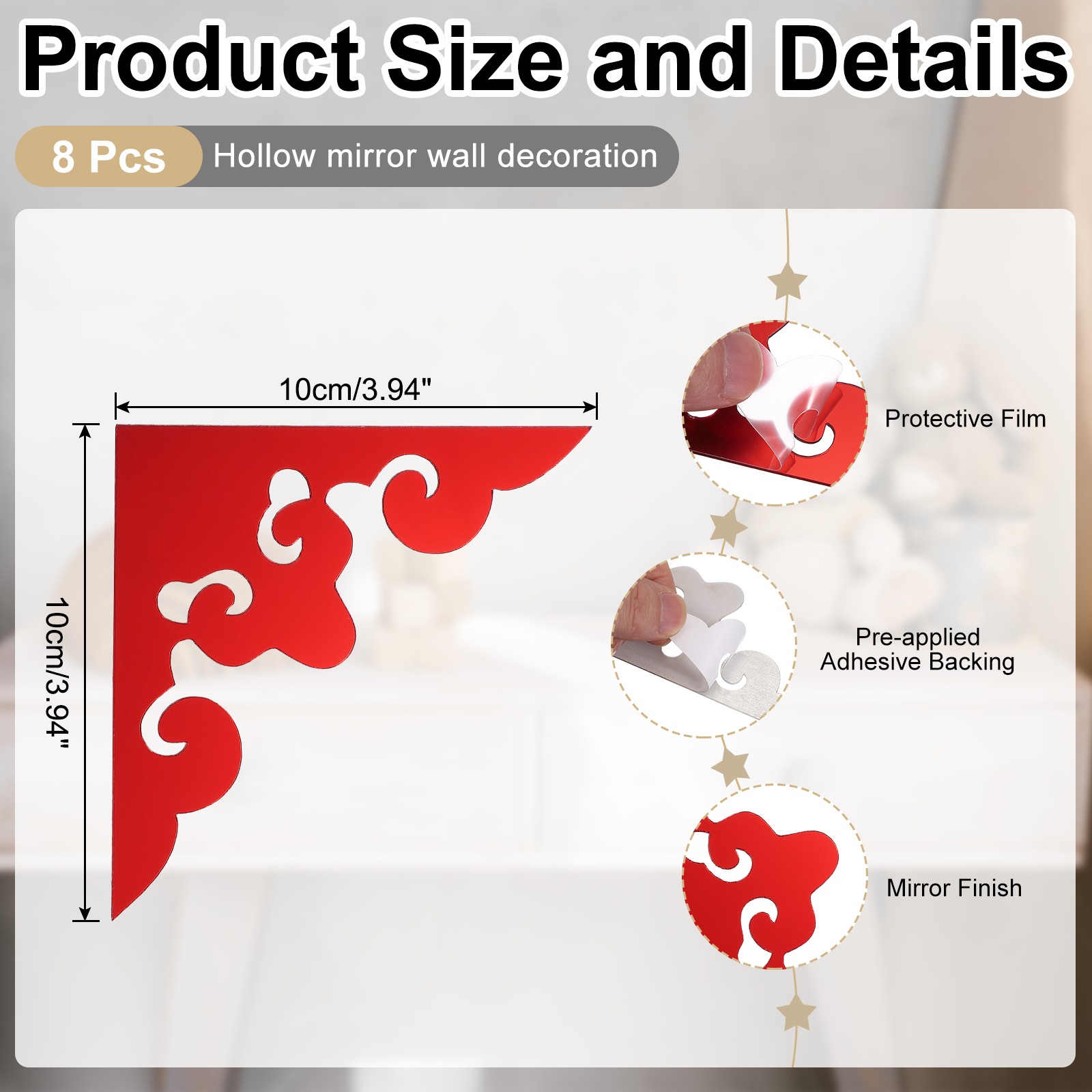 8Pcs Corner Decorative Pattern Hollow Mirror Wall Stickers(Wine Red, 4×4")