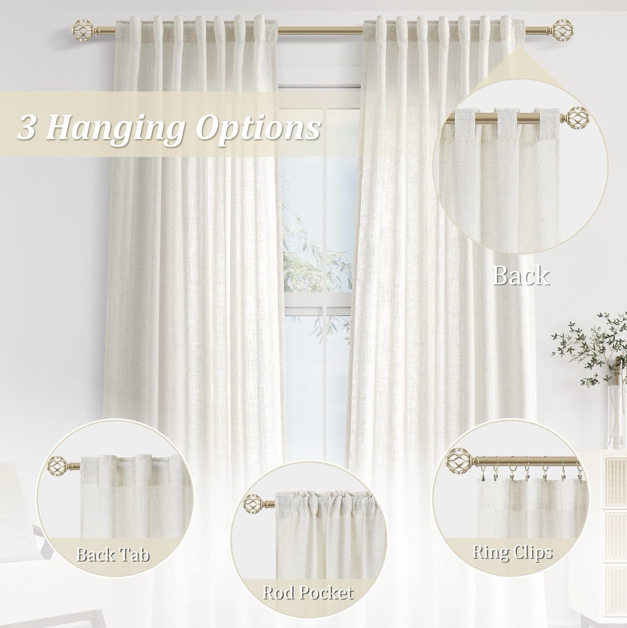 Guken Natural Cream Linen Curtains 120 inches Long for Living Room Bedroom 1 …
