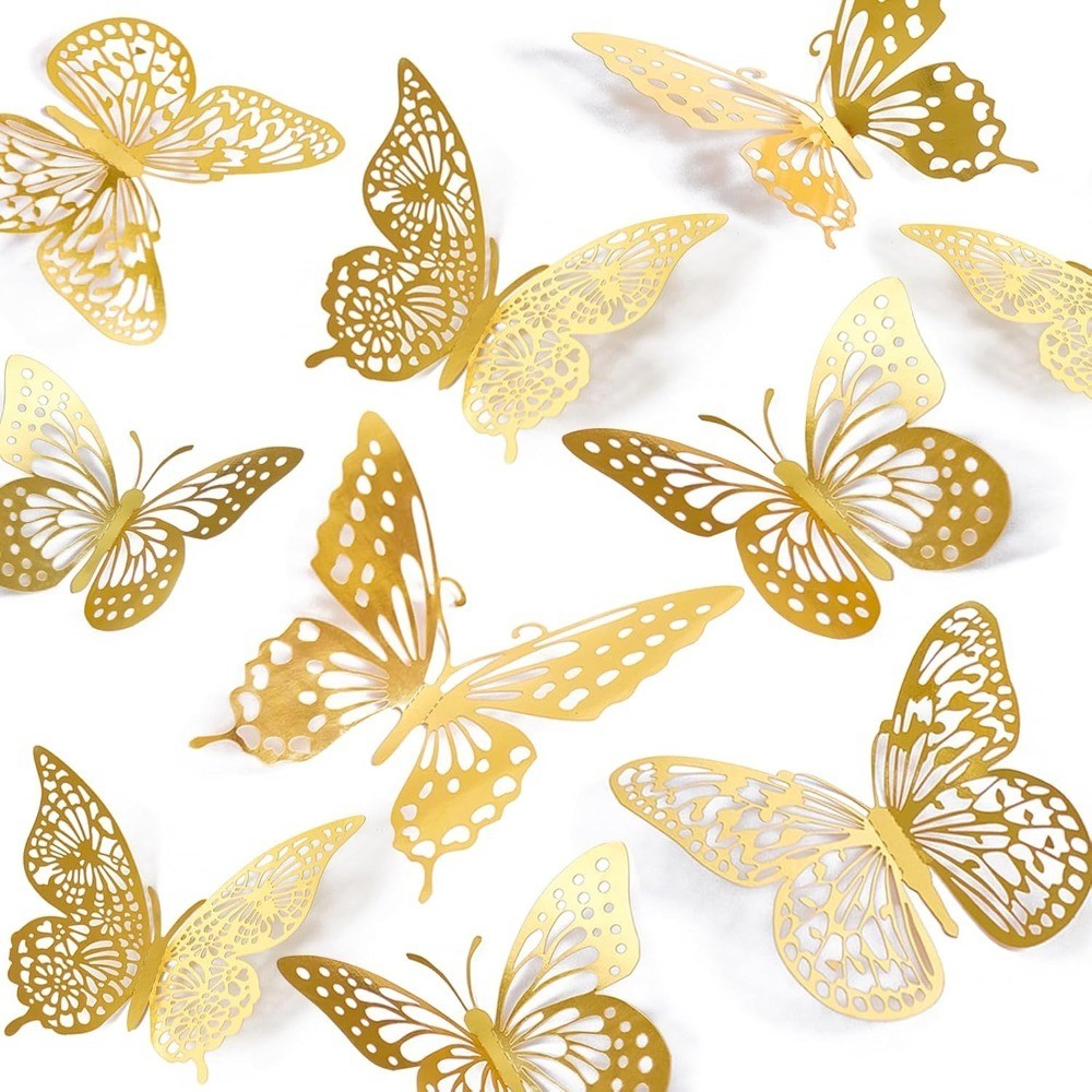 3D Butterfly Wall Decor – 48 Pcs, 4 Styles, 3 Sizes, Gold Butterfly Decorations
