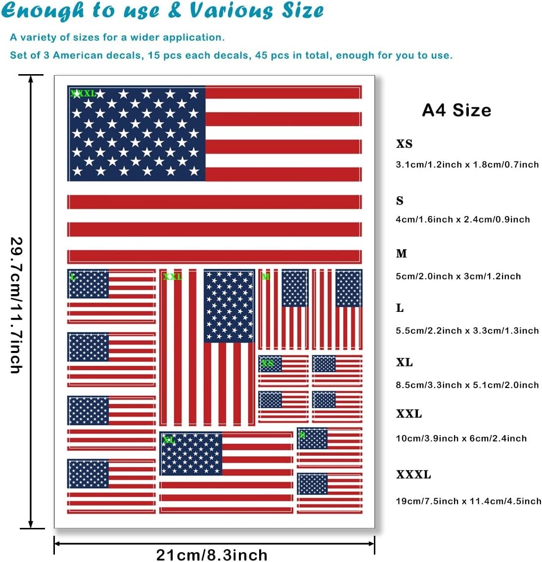 American Flag Sticker Decal in Multiple Sizes, 3 Pack, 11.7 x 8.3 Inches