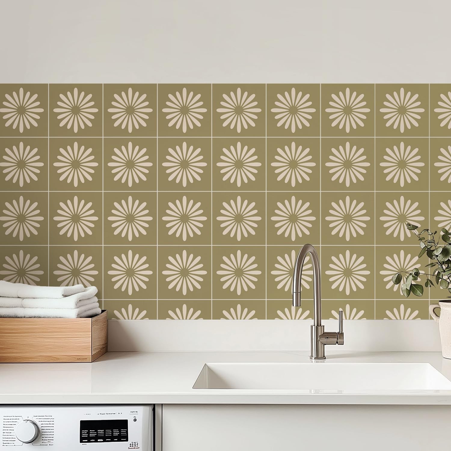 30 Pack, 4×4 Inch Sage Green Tile Decals, Mid-Century Modern Floral Peel and …