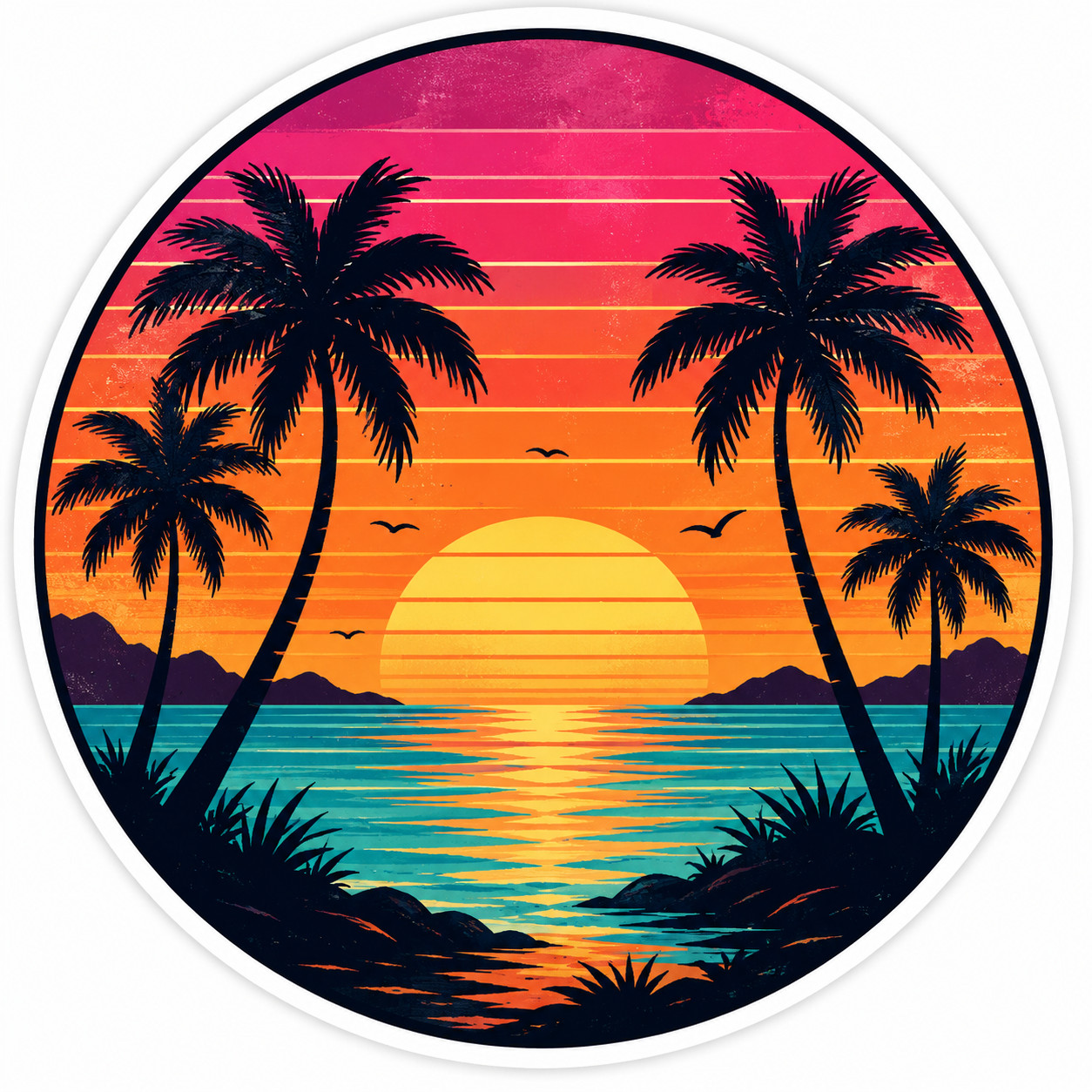Retro Sunset Palm Trees Sticker Decal Emblem DTF 4×4 INC