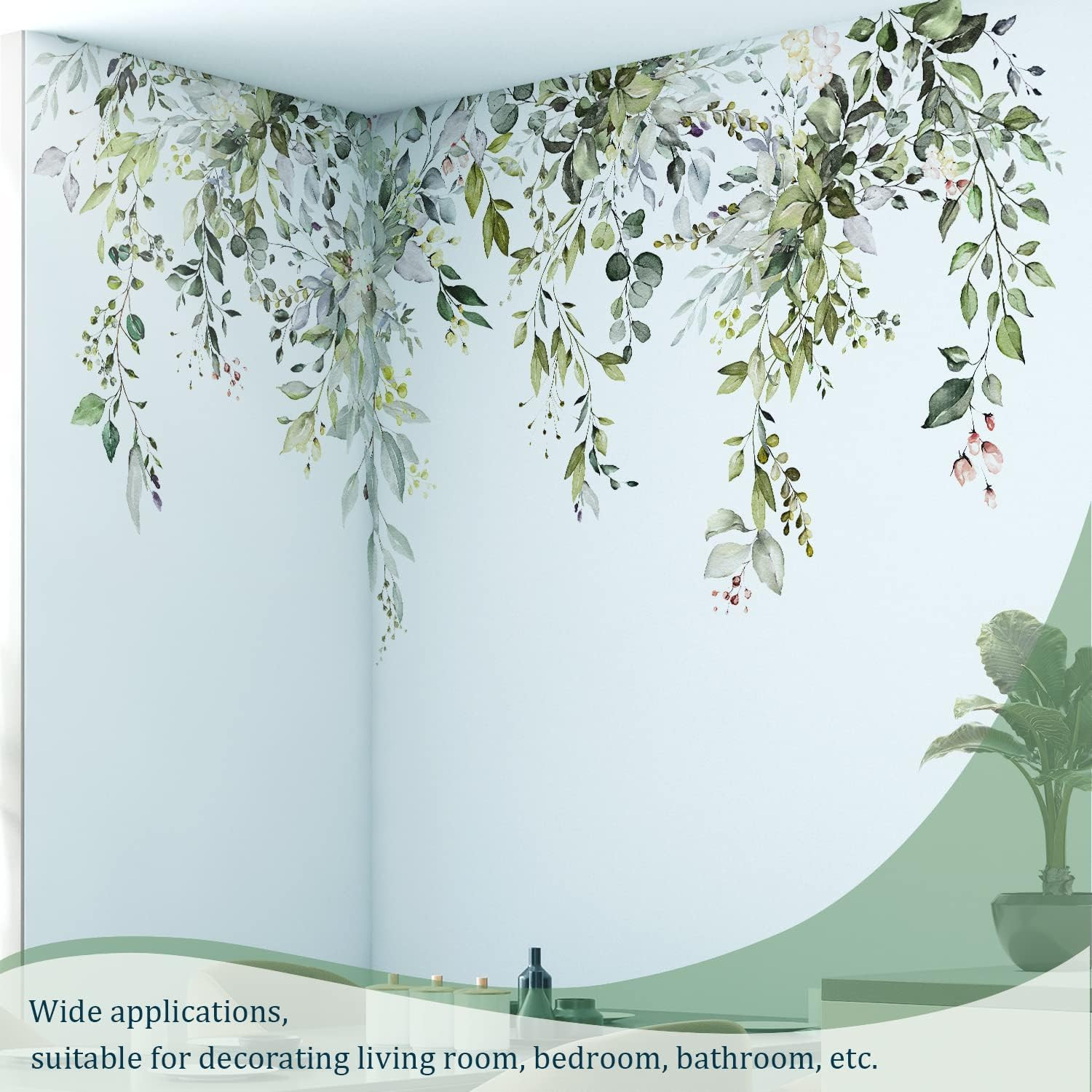 Green Plants Leaves Wall Decals Peel and Stick, Large Floral Flowers Wall Sticke