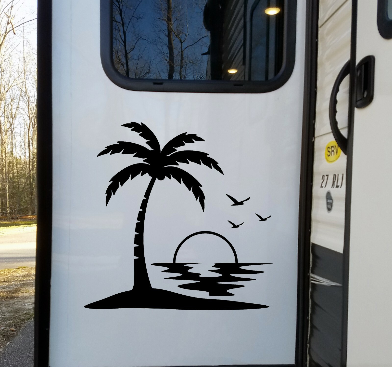 Palm Trees Beach Sunset Scene Vinyl Decal V2 – Camper Graphics Coast Travel