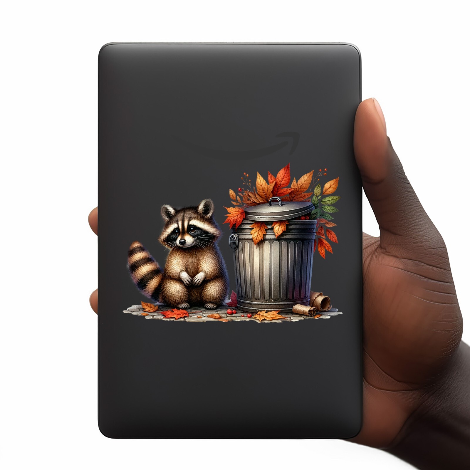 Fall Leaves Raccoon and Trash Can UV DTF Transparent Sticker / Decal