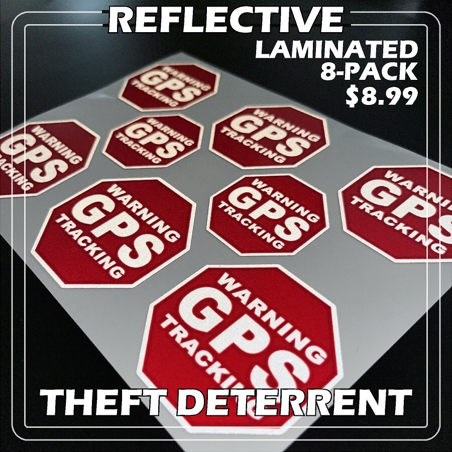 8 PACK REFLECTIVE GPS Tracking Laminated Stickers Theft Deterrent FREE SHIPPING