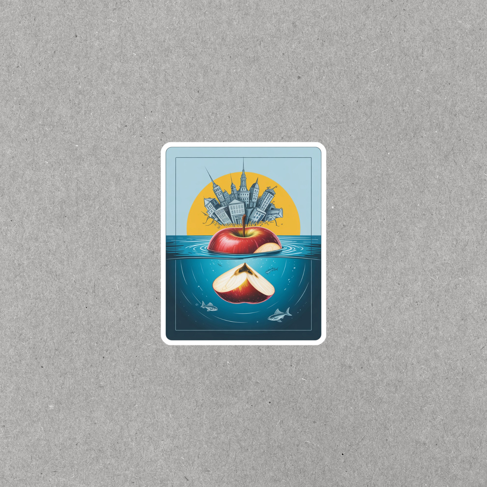 Surreal City Apple Art Sticker – Urban Landscape Underwater Scene #7030
