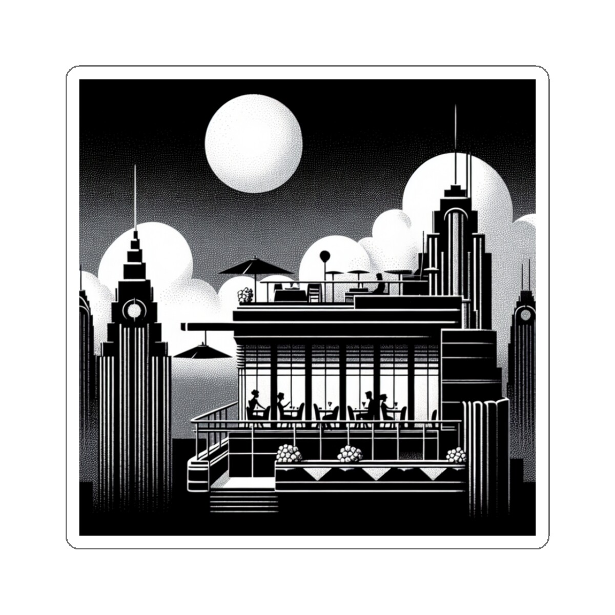 Sticker Art Deco Moonlit Cityscape Rooftop Social Party Luxury City Skyline Cool